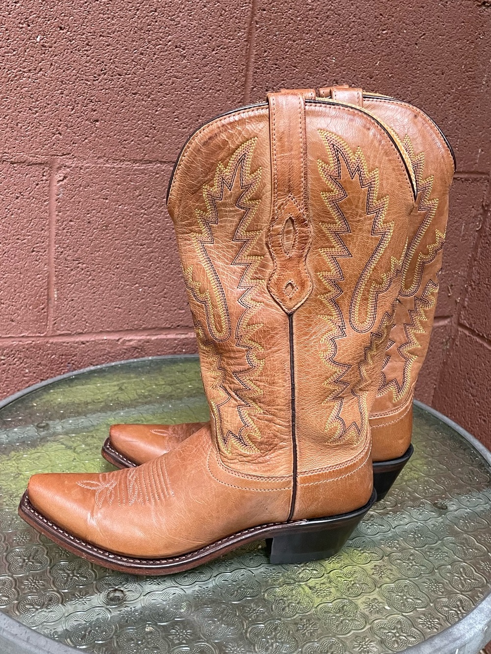 Old West Tan Leather Western Cowboy Boots Size 5 B